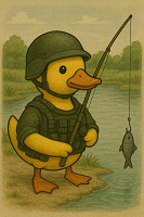 アヒル,軍服,釣り,魚,ヘルメット,動物キャラクター,池