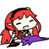 アニメ風,赤髪,エルフ耳,かわいい,寝そべり,紫の猫,チビキャラ