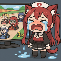 猫耳,ナース帽,女の子,カートレース,涙,アニメ風,テレビ,レースゲーム,SDキャラ,3rd