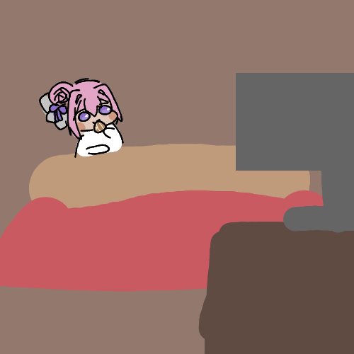 女性,ピンク髪,メガネ,ベッド,パソコン,イラスト