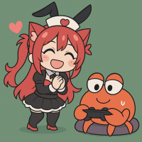 猫耳,メイド服,赤髪,笑顔,カニ,ゲームコントローラー,ハート,アニメ風