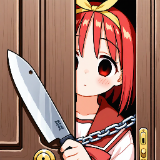 アニメキャラクター,赤髪,包丁,ドア,チェーン,セーラー服,リボン,少女,驚き,コミックシーン
